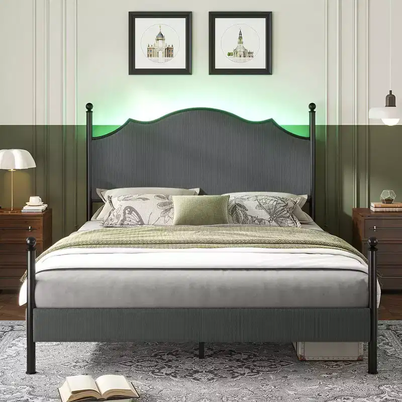 AMERLIFE Bed Frame with 51.2 Tall Upholstered Headboard and Four Poster Design