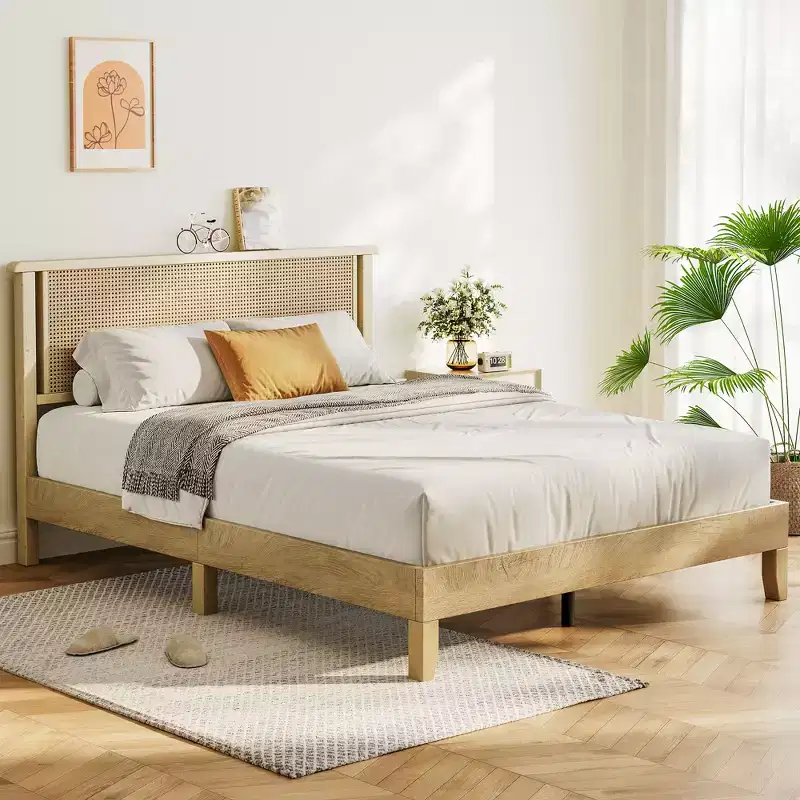 Dyonery Queen Platform Bed Frame with 18.9-Inch Woven Rattan Headboard, Solid Wood Slat Support, Noise-Free Mattress Foundation, No Box Spring Needed