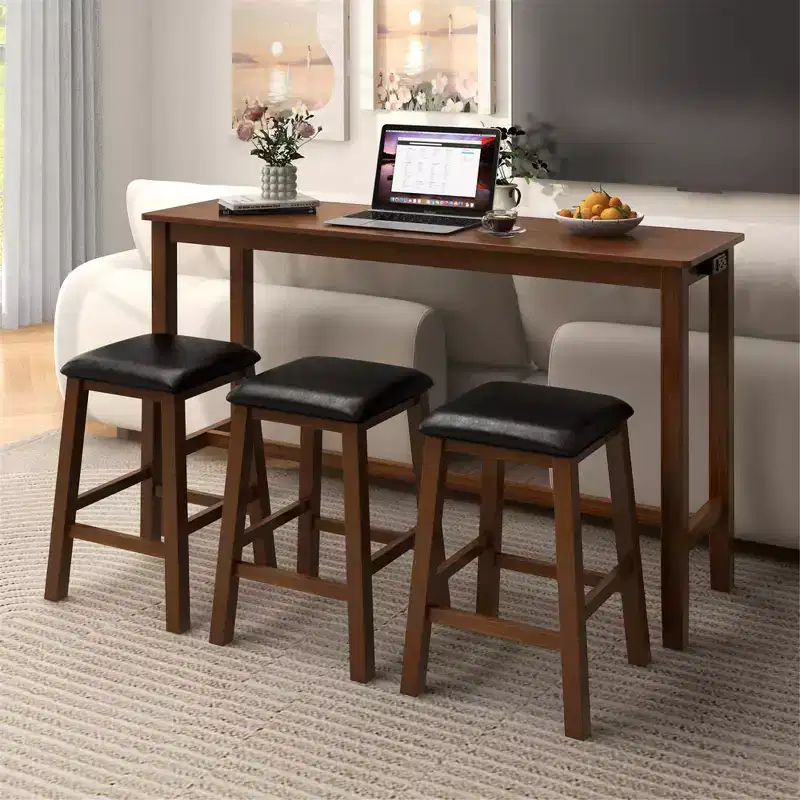 Costway 4-Piece Bar Table Set w/ Power Outlet Counter-Height Table & 3 Bar Stools