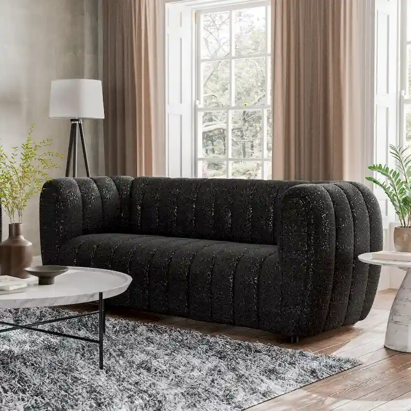 Modern Vertical Channel Tufted Boucle Accent Sofa Couch with Wooden Legs