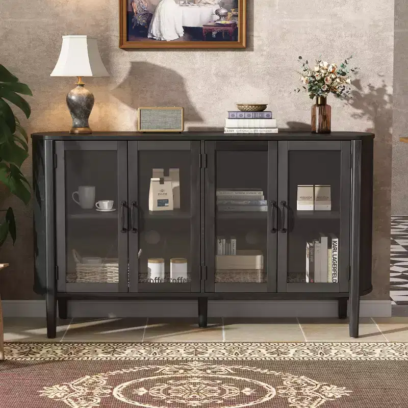 58'' Mid-Century Modern Storage Cabinet with 4 Glass Doors and Adjustable Shelves