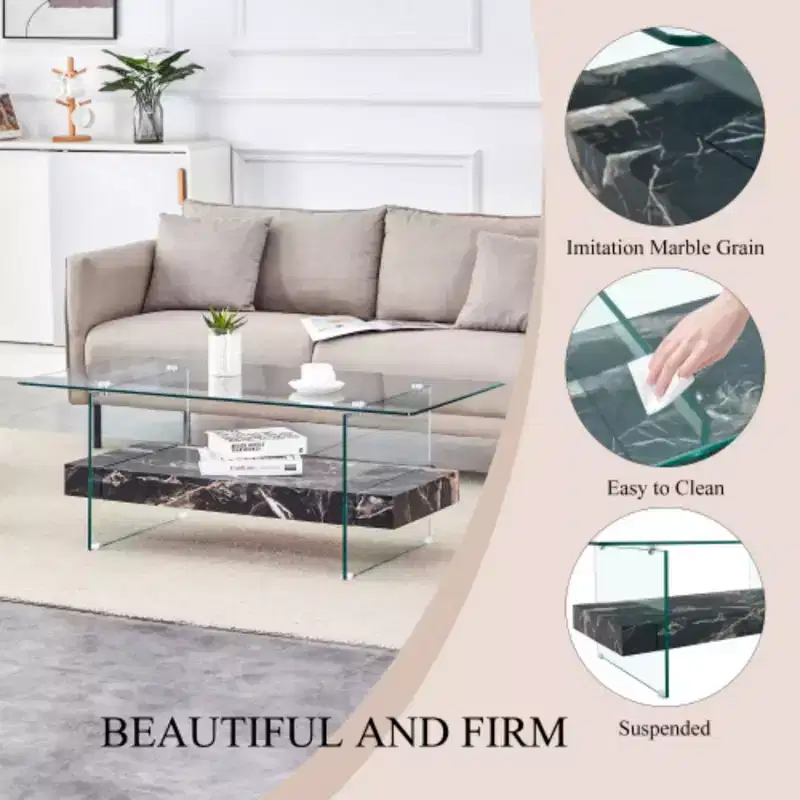 Two-Tier Coffee Table - Modern Design, 43.3 Inches, Clear Glass and Black Marble