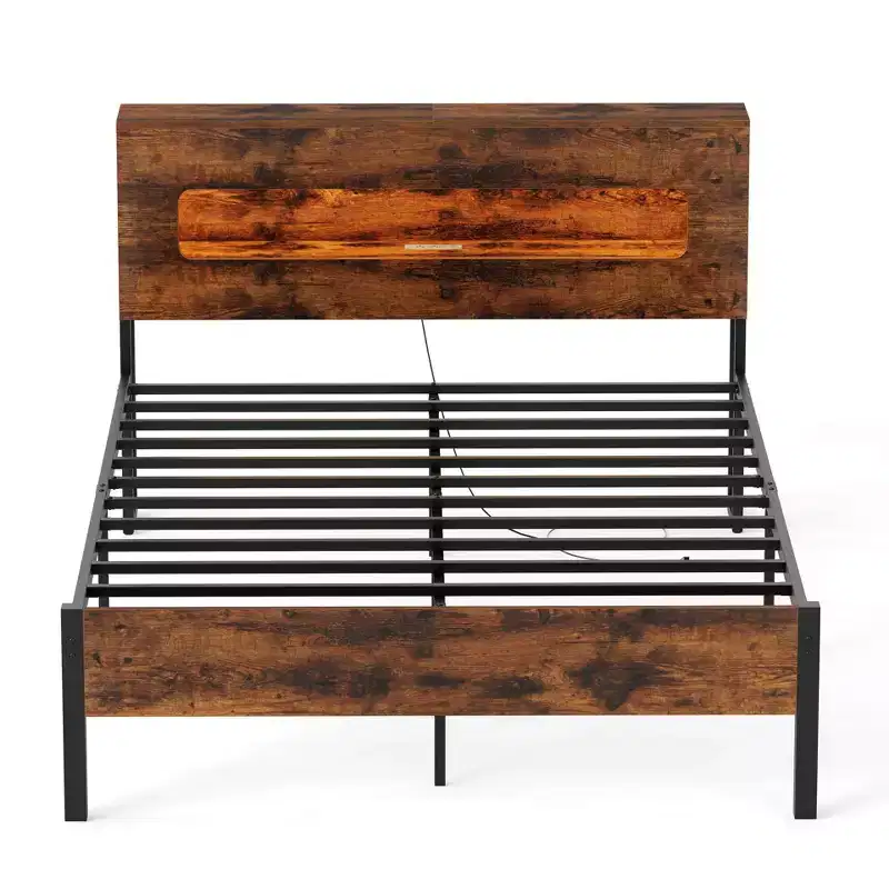 Costway Full Bed Frame with LED Lights Storage Headboard Power Outlets Strong Metal Support
