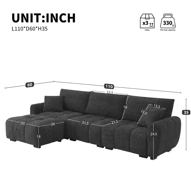 110 L-Shaped Modular Sectional Sofa with Extra-Large Seat, Pull-Line Cushion, Ottoman, Boucle Upholstery, 4-Seat