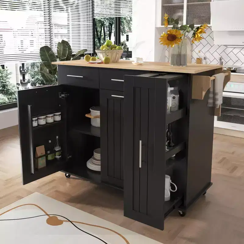 Okak Kitchen Island with 3 Tier Pull Out Cabinet Organizer, Kitchen Cart with Drop Leaf and Storage Rack, Countertop Organizer for Kitchen