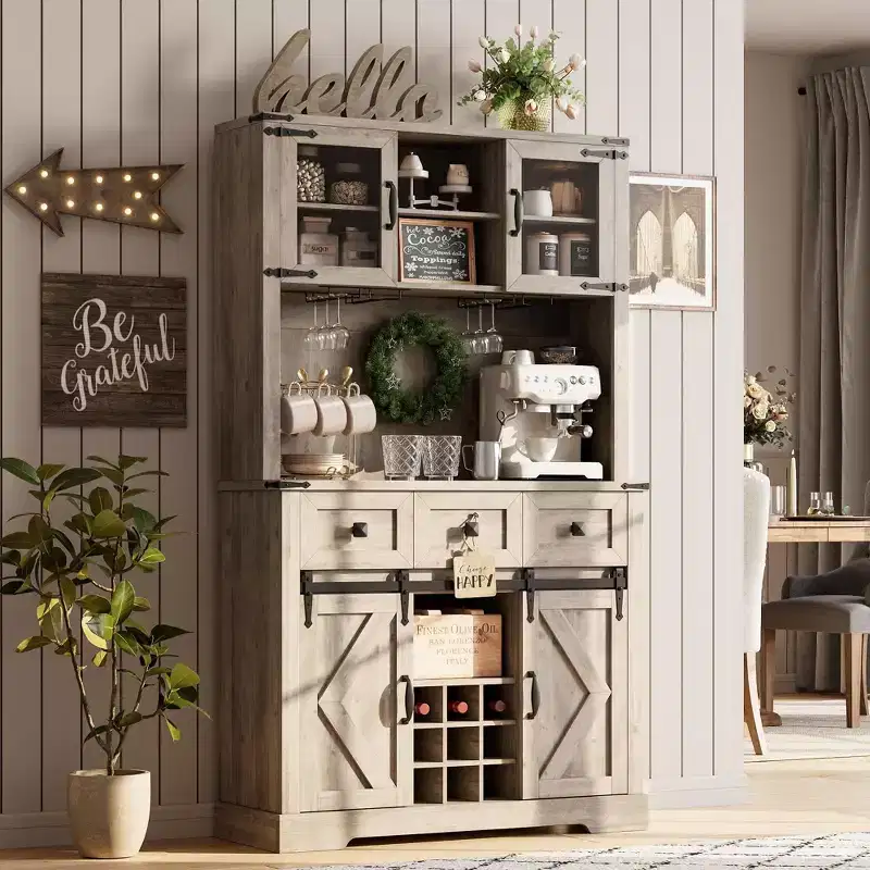 TruAIR 72 Farmhouse Bar Cabinet with Sliding Barn Door,Tall Kitchen Buffet with Storage Hutch and 3 Drawer,Rustic Coffee Wine Bar Sideboard with Wine