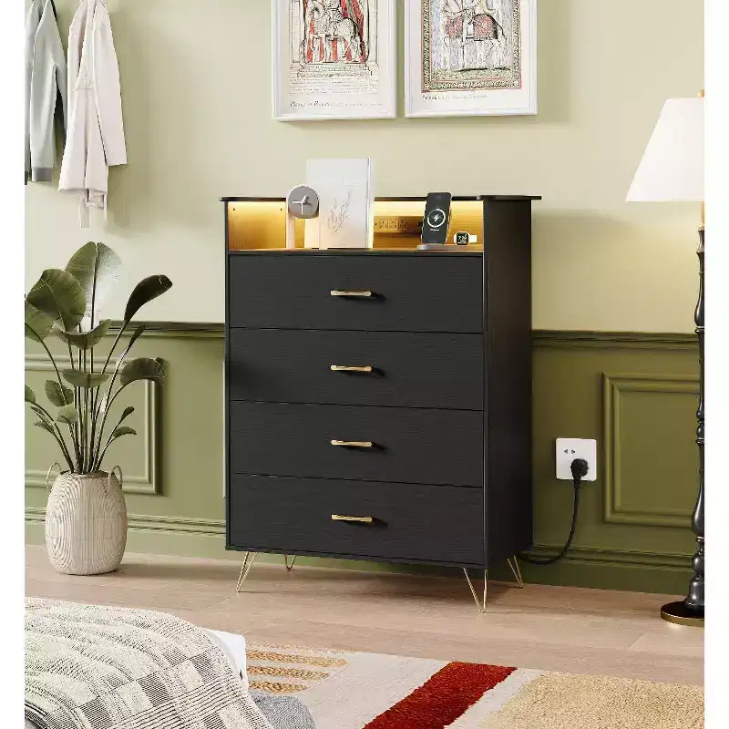 Smart 4-Drawer Wood Dresser with LED Lights & Charging Station | App-Controlled Storage Cabinet with USB/AC Outlets for Bedroom, Living Room