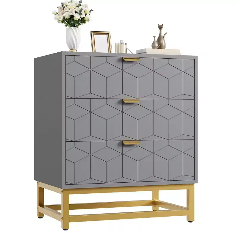 Modern Nightstand with 3 Drawers, Wooden Accent End Table with Metal Legs, Sofa Side Table for Small Space, 3 Drawer Dresser for Bedroom