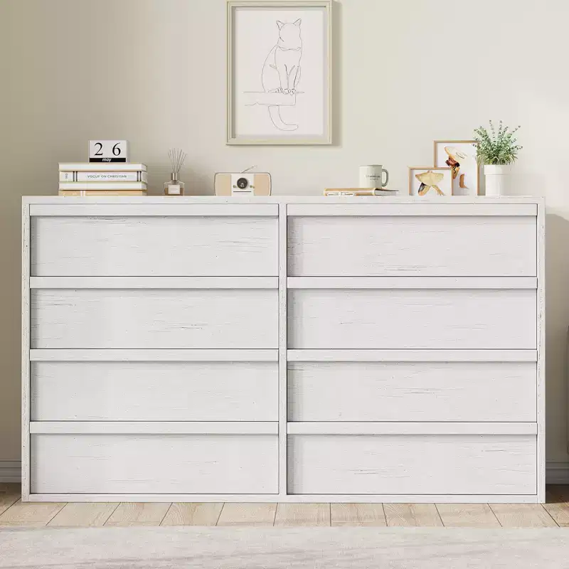 Garvee 8 Drawer Dresser for Bedroom, 54 White Double Dresser Organizer with Concave Handle, Modern Chest of Drawer for Bedroom Living Room Nursery