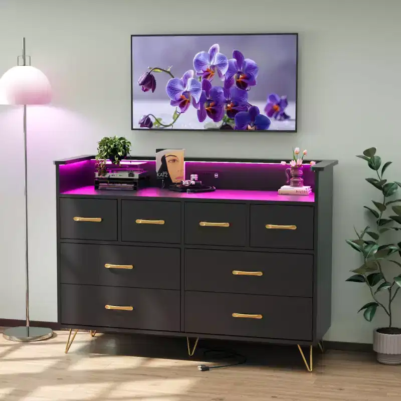 8-Drawer Dresser with Power Outlet, LED Lights & Gold Handles, Modern Wood Chest, White