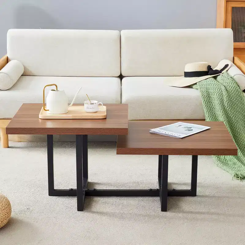 GDFStudio Aaron Dark Double-Deck Wood 47W Coffee Table with Metal Criss Cross Base