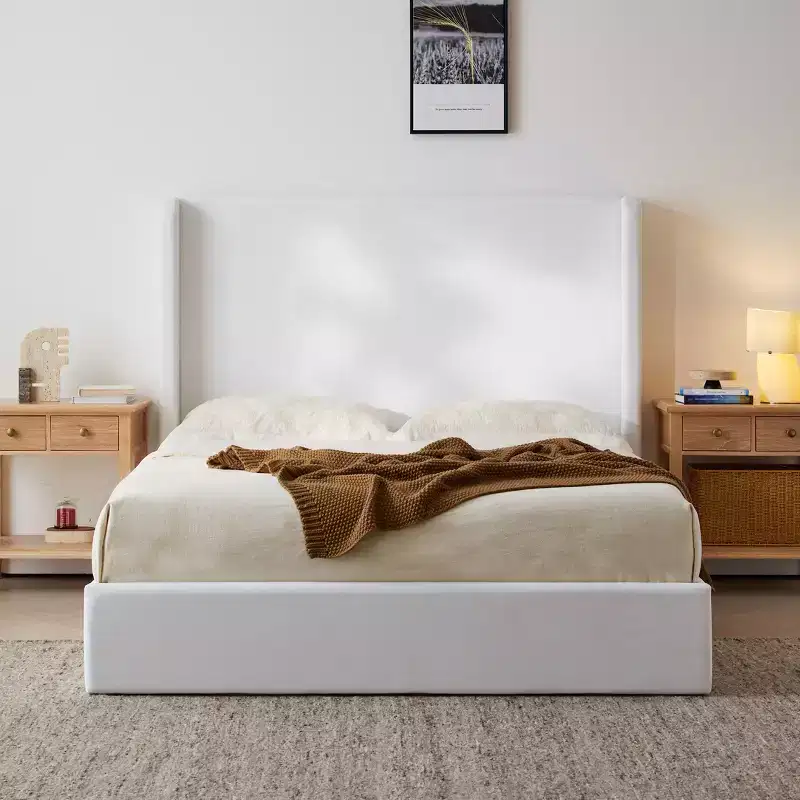 Modern Coconut Micro Suede Upholstered Floor Bed with Wingback