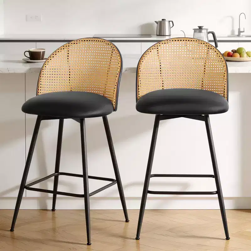 Bekrvio 26 Mid-Century Modern Swivel Bar Stools Set of 2/3/4, Faux Leather Upholstered Bar Chairs with Rattan Back & Metal Legs for Kitchen Counter