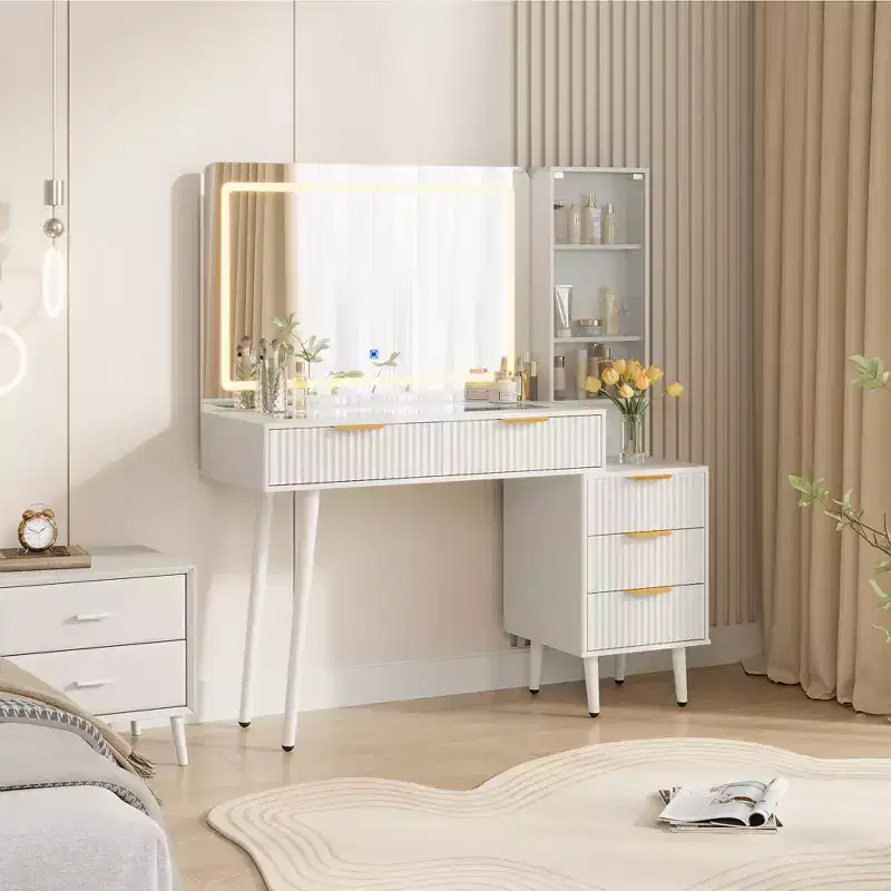 Makeup Vanity Desk with Lights, 48 Fluted Vanity with Glass Top and 36 HD Lighted Mirror, Dressing Table with 5 Drawers 3-Tier Shelves, White