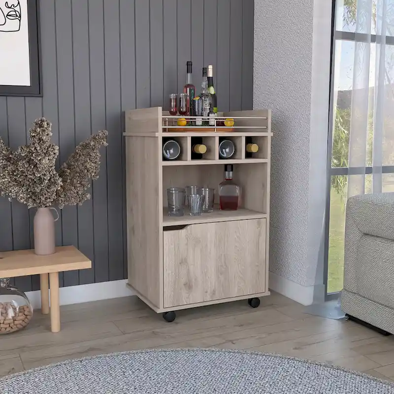 Bar Cart with 2 Open Shelves 4 Cubbies and Cabinet