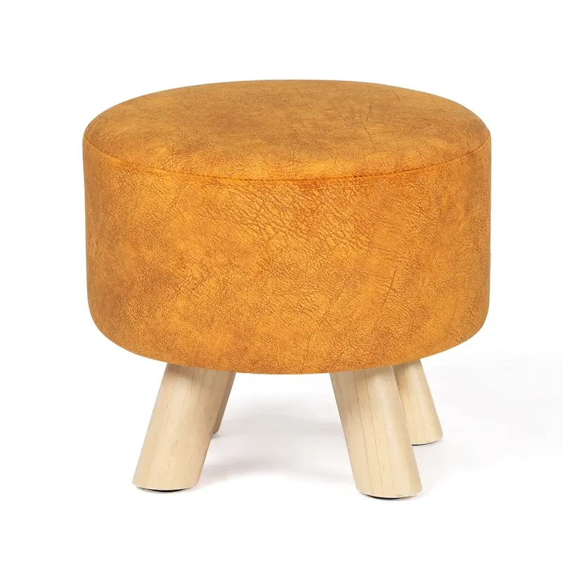 Round Velvet Ottoman Footrest Stool with Wood Legs – Orange / Watermelon / Taupe / White Teddy Velvet, 1-Person Use