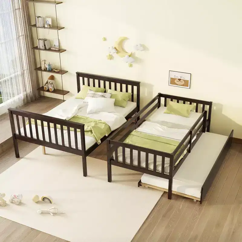Twin Over Full Bunk Bed with Trundle & Reversible Ladder – Espresso / Grey / White, Sleeps 3