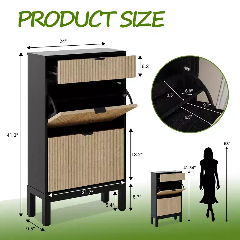 Garvee Shoe Storage Cabinet with 2/3/4 Flip Drawers,Farmhouse Fluted Shoe Organizer,Freestanding Hidden Slim Narrow Shoe Rack for Entryway,Foyer