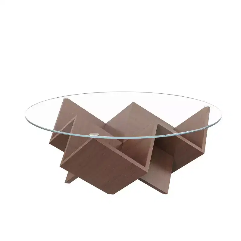 35.4 Inch Round Coffee Table With Glass Top, Geometric Art Deco Base and Storage Shelves, Walnut