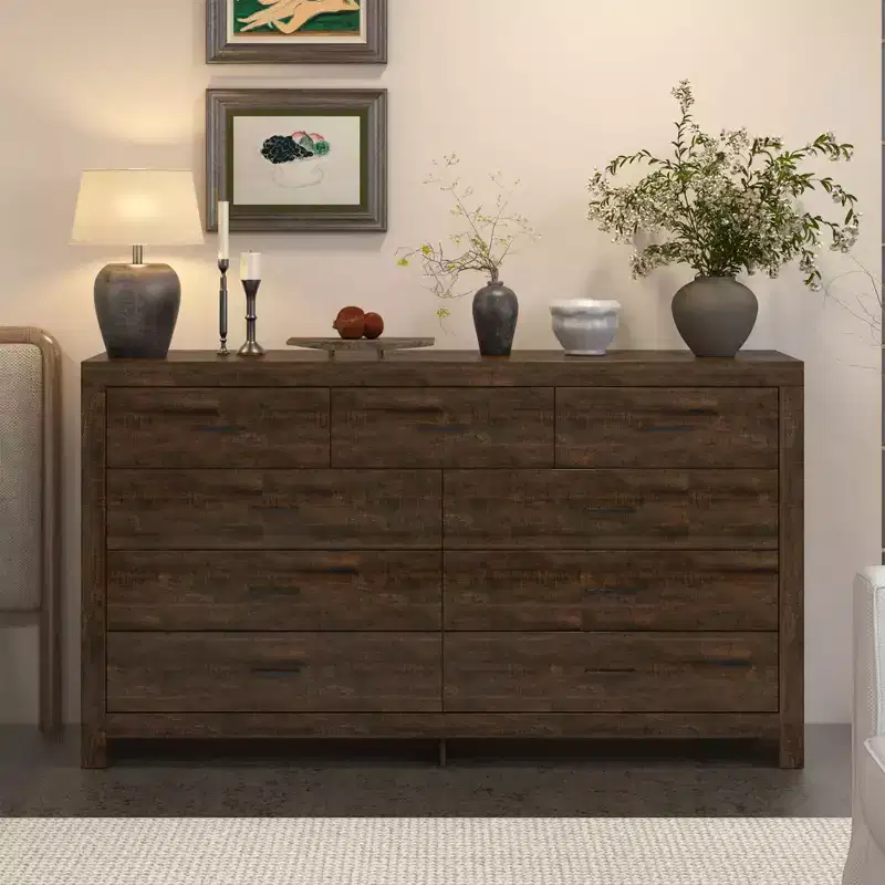 Rustic 9 - Drawer Chest Dresser Organizer Compartments Solid Build, Spacious Drawers