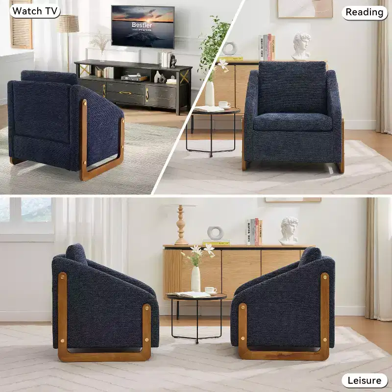 Chenille Fabric Accent Armchair with Wooden Frame & Golden Nailhead Trim