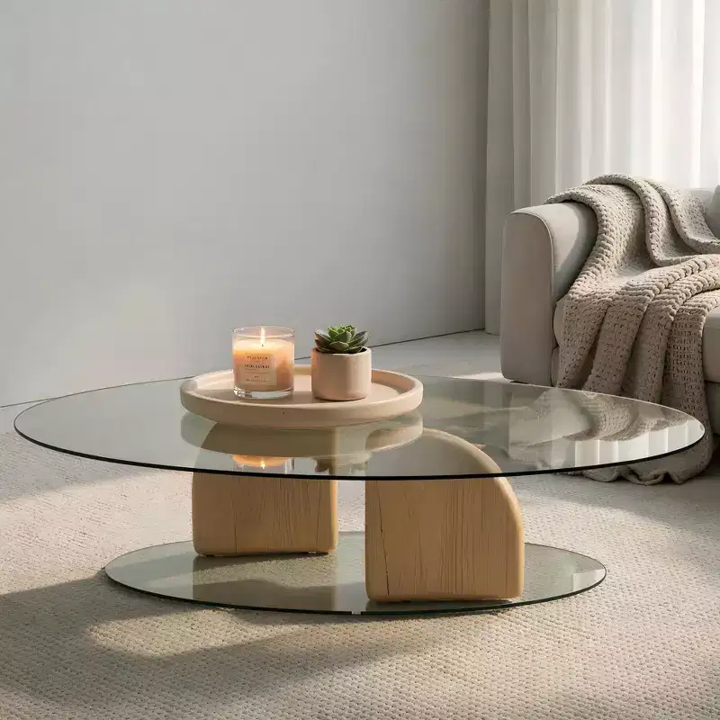 Oval Glass and Lightweight Concrete Coffee Table