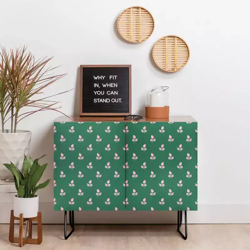 Maritza Lisa Retro Pink Leaf Pattern Credenza - Deny Designs