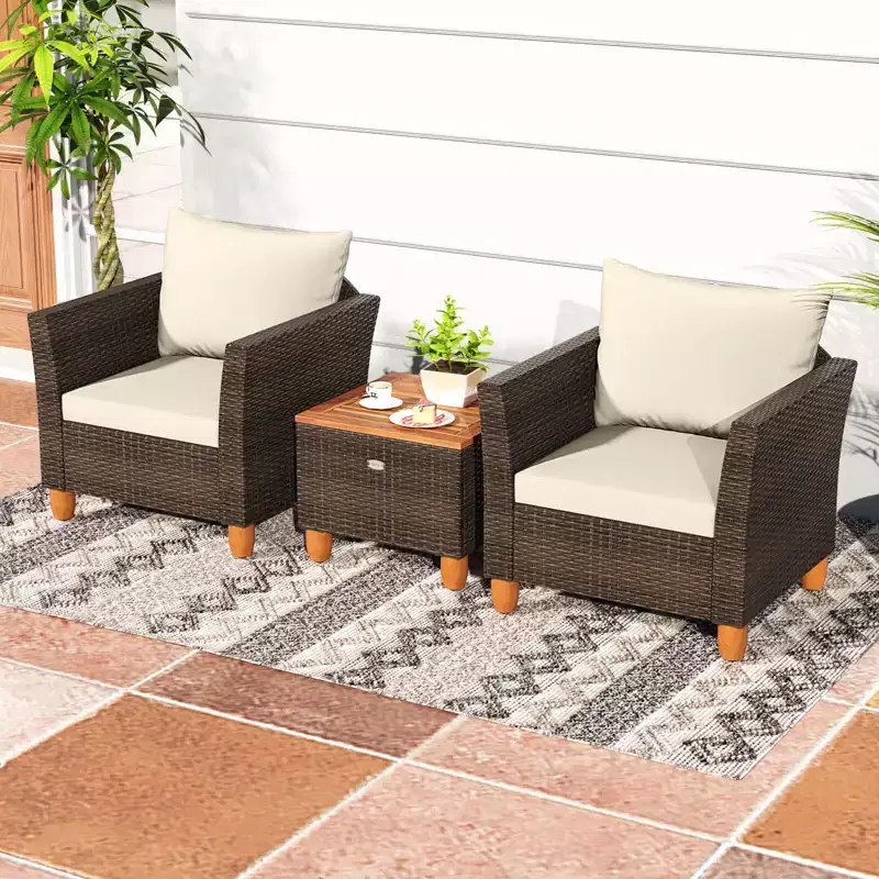 Costway 3 PCS Outdoor Patio Rattan Bistro Furniture Set Wooden Table Top Cushioned Sofa Gray/Black/Beige/Navy