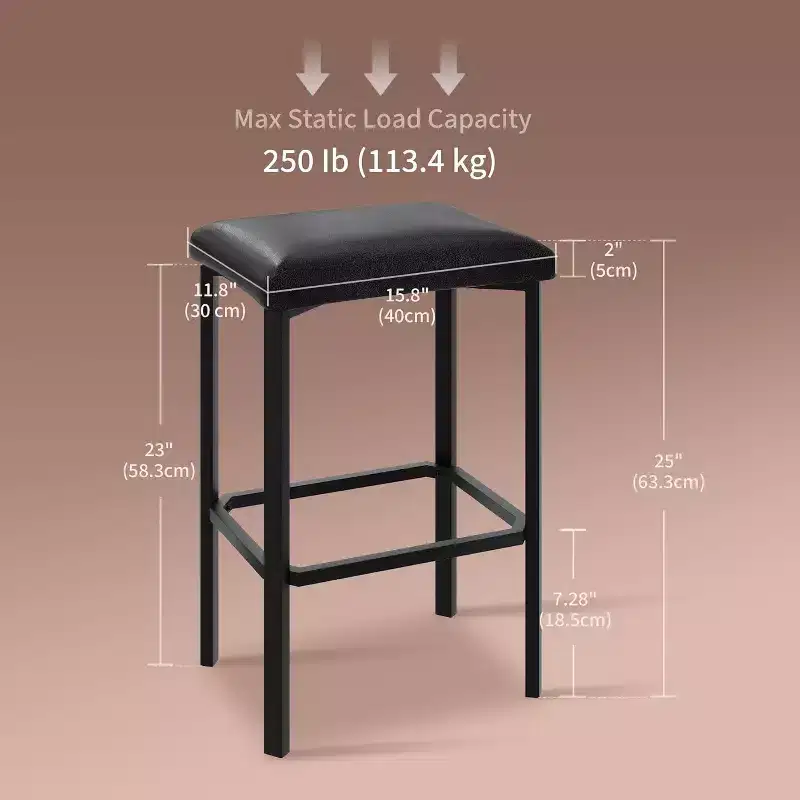 24 Inch Bar Stools Set of 2, PU Leather Seats with Thick Padding & Footrest, Modern Metal Frame with Adjustable Feet for Kitchen Island, Bar Counter