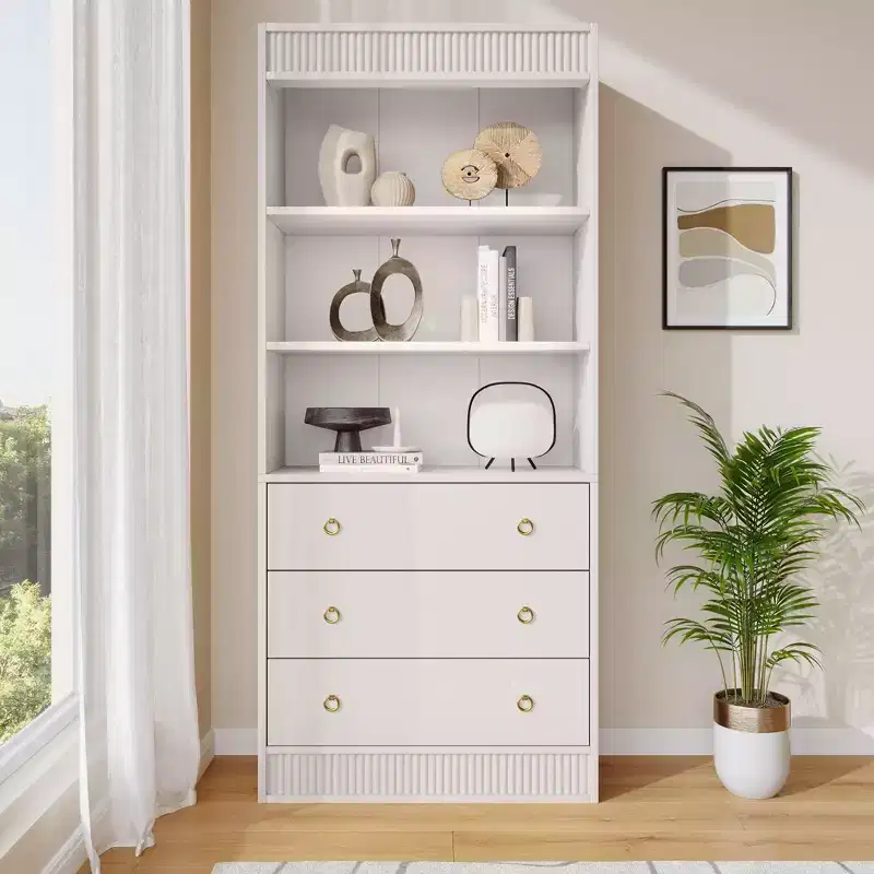 Living Room Bookshelf w/ Drawers, 70.8 Tall White Fluted Bookcase, 6 Tier Bookcase w/ Storage, 29.9 Wide Waved Wooden Book Shelf
