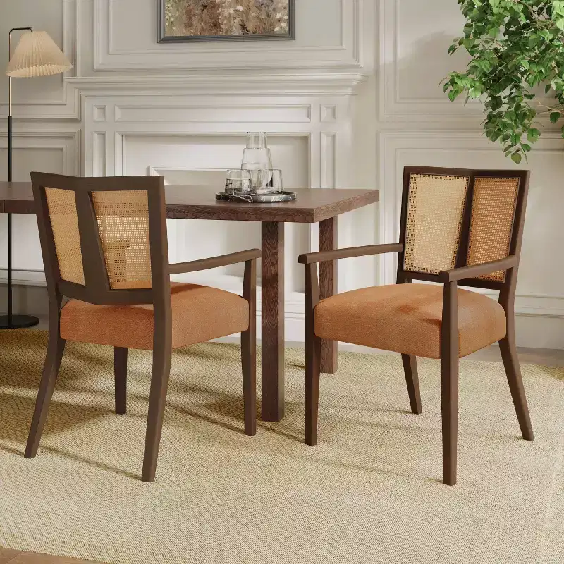 Christopher Knight Home Set of 2 Nolan Rubberwood Upholstered Dining Arm Chairs with Cane Webbing Caramel/Walnut