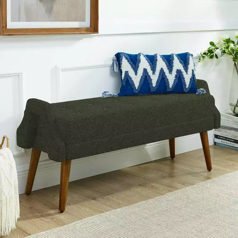 Modern Living Room Bench Looped Yarn Fabric with Soft Cunshion Irregular Geometric Armrests Rubber Wooden Legs Green