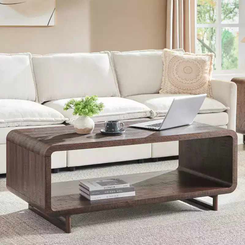 48 Coffee Table, Mondern Coffee Table with 2 Tier Storage Shelf, Wooden Rectangular Living Room Table with Wood Thick for Living Room