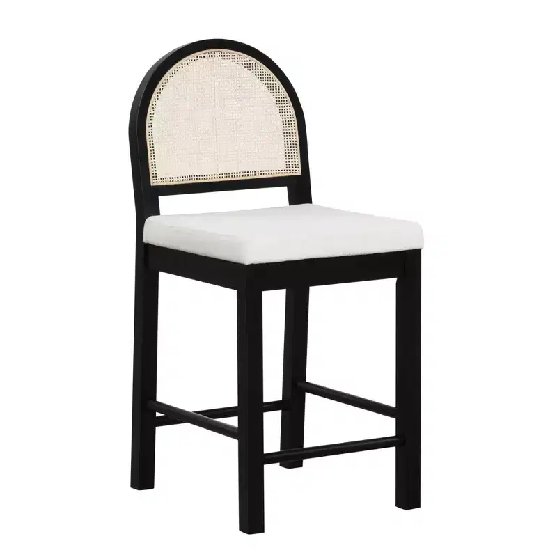Nathan James Bailey Curved Back Counter Height Barstool Black Wood Oak Rattan Cream Boucle: Elegant 24in Seat, Rubberwood Frame