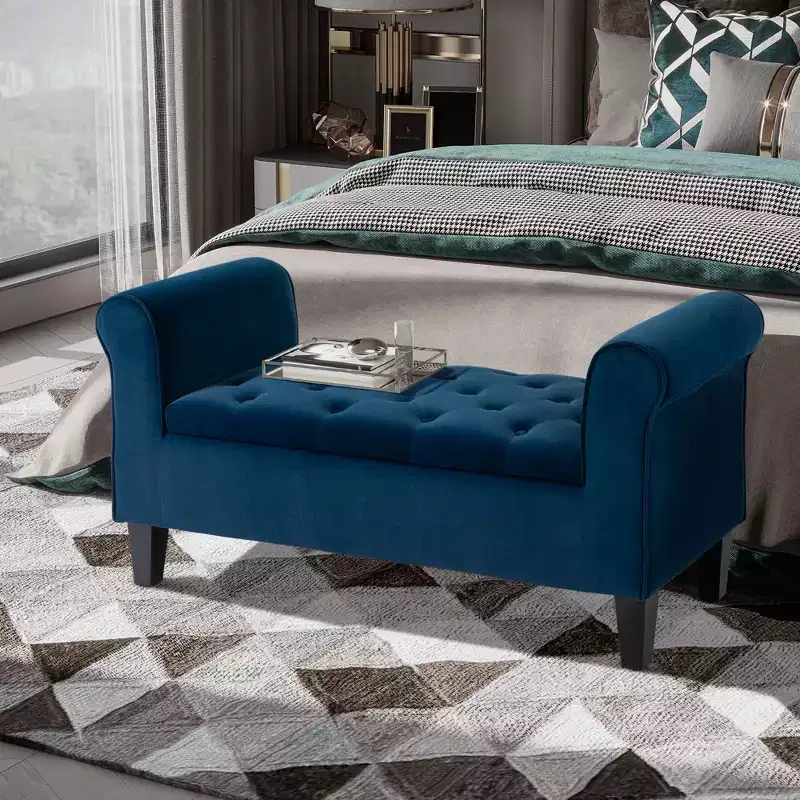HOMCOM Button-Tufted Storage Ottoman Bench, Upholstered Bed Bench with Rolled Armrests for Bedroom, Living Room or Hallway