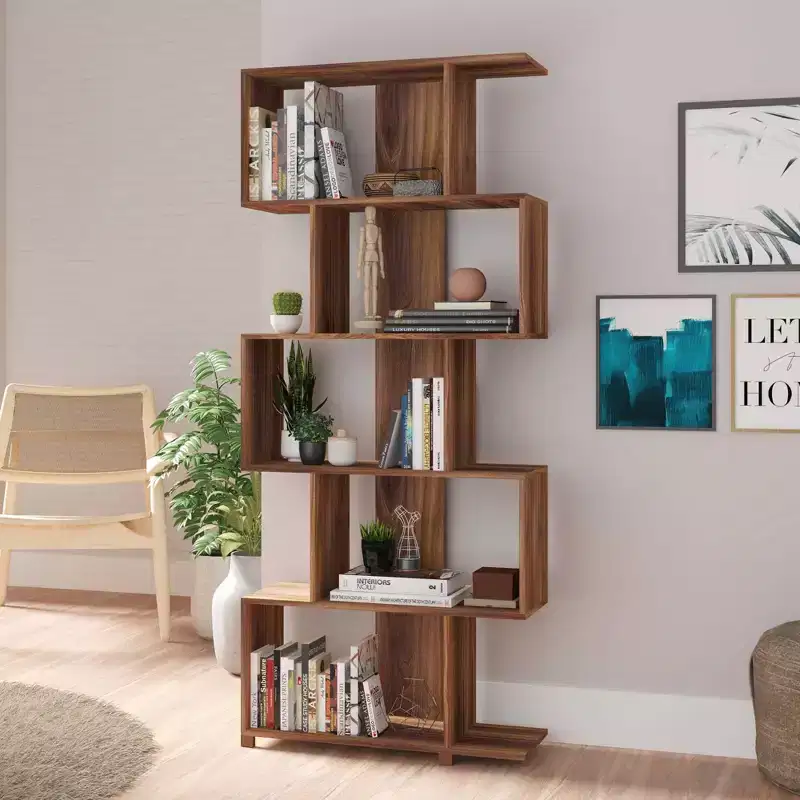 Z-Shape Bookcase with 5 Shelves & 10 Compartments