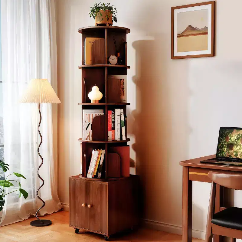 MAYEERTY 360 Degree Display 5Tier Corner Bookshelf with Drawer for Small Space Floor Standing Bookcase Storage Rack for Bedroom Living Room Walnut