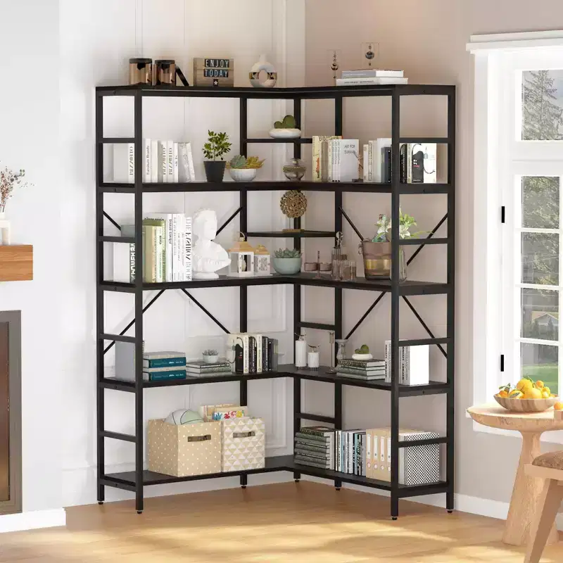 5 Tier Corner Bookshelf, Industrial Bookshelves, L Shape Tall Bookcase with Storage with Heavy Duty Metal Frame for Bedroom Living Room