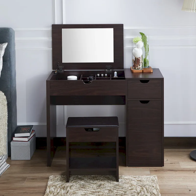 DH BASIC Modern Walnut 36 Storage Vanity and Stool Set by Denhour