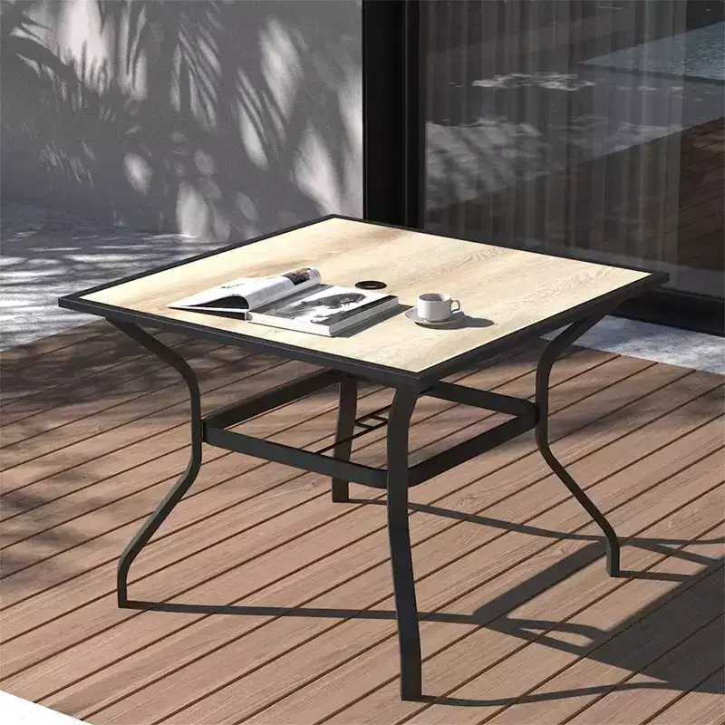 Wood Grain Tabletop Metal Outdoor Table: Square Design with Umbrella Hole (1 Table)