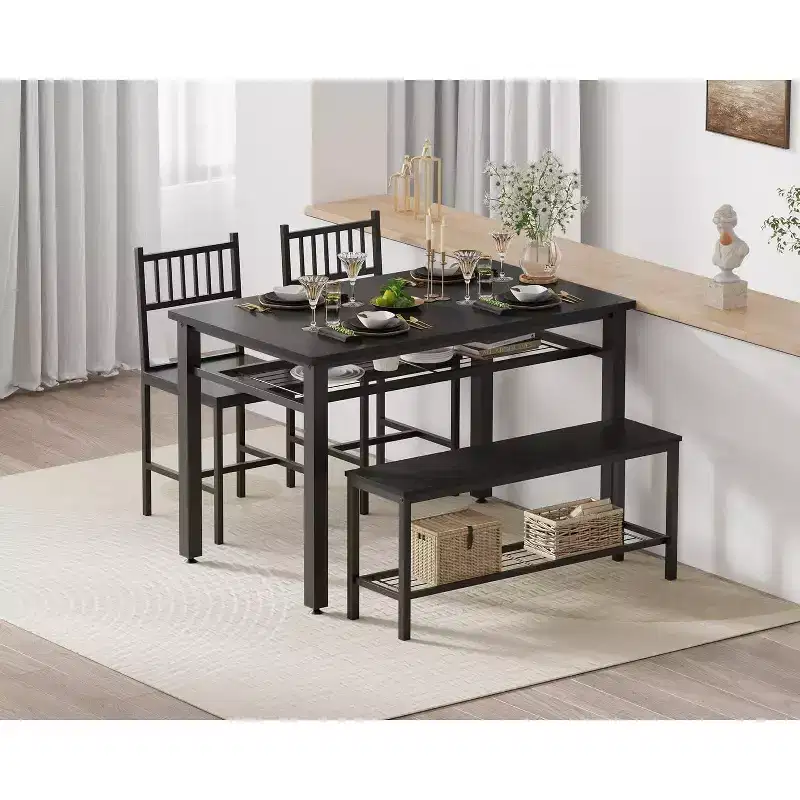 4 Piece Kitchen Table Set for Small SpaceModern Dining Table Set2 Chairs,1 Bench,1 Table,47 Rectangular Dining Room Set with Storage Bench