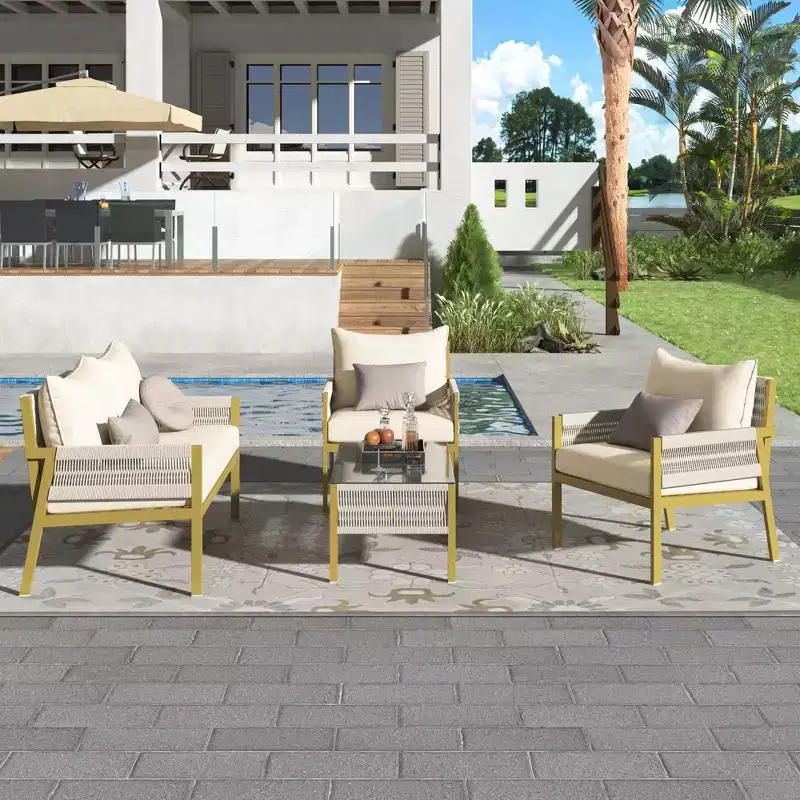 Whisen 4-Piece Outdoor Furniture with Tempered Glass Table, Patio Conversation Set