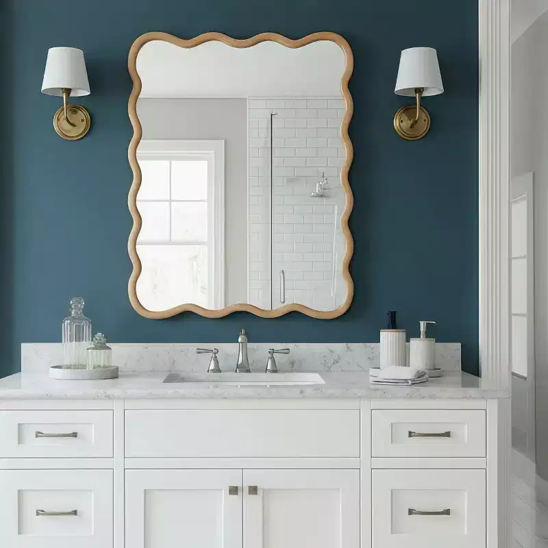 40 Wavy Rectangle Solid Wood Frame Decorative Mirror, Modern Farmhouse Wall Mirror for Bedroom, Bathroom & Living Room, Natural Wood