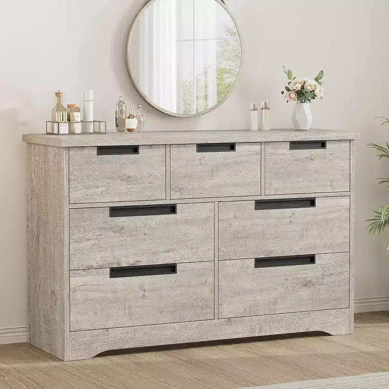7-Drawer Dresser for Bedroom, Modern Gray Chest with Recessed Handles, Wooden Storage Organizer for Living Room, Nursery, Hallway, or Entryway