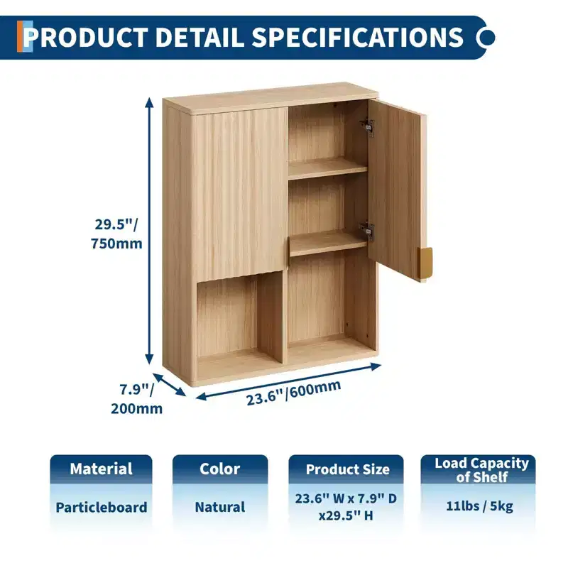 Fluted Bathroom Wall Cabinet, 23x29 Over Toilet Storage Cabinet with Adjustable Shelf,Modern Wooden Medicine Cabinet with Buffering Hinges