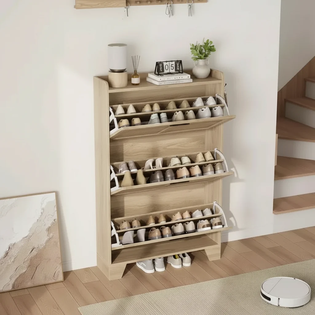 White 3-Door Louvered Shoe Cabinet, Fits up to 30 Pairs