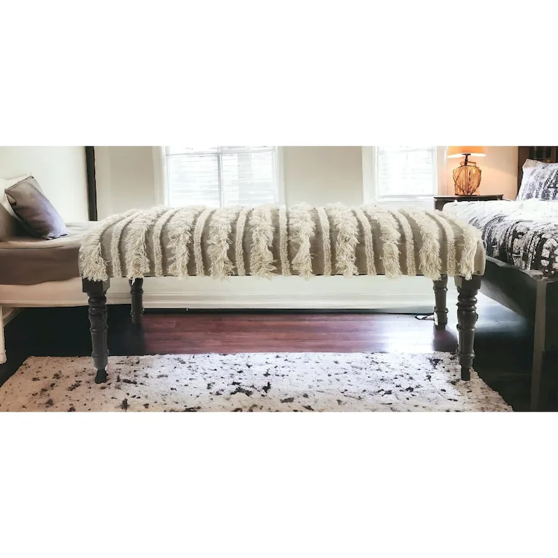 Cotton Upholstered Bedroom Bench with Solid Wood Legs, Striped, Nailhead Trim — 47