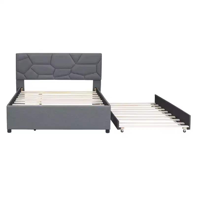 Luxury Linen Upholstered Bed with Stylish Brick Headboard & Twin XL Trundle - Dream Bedroom Essential