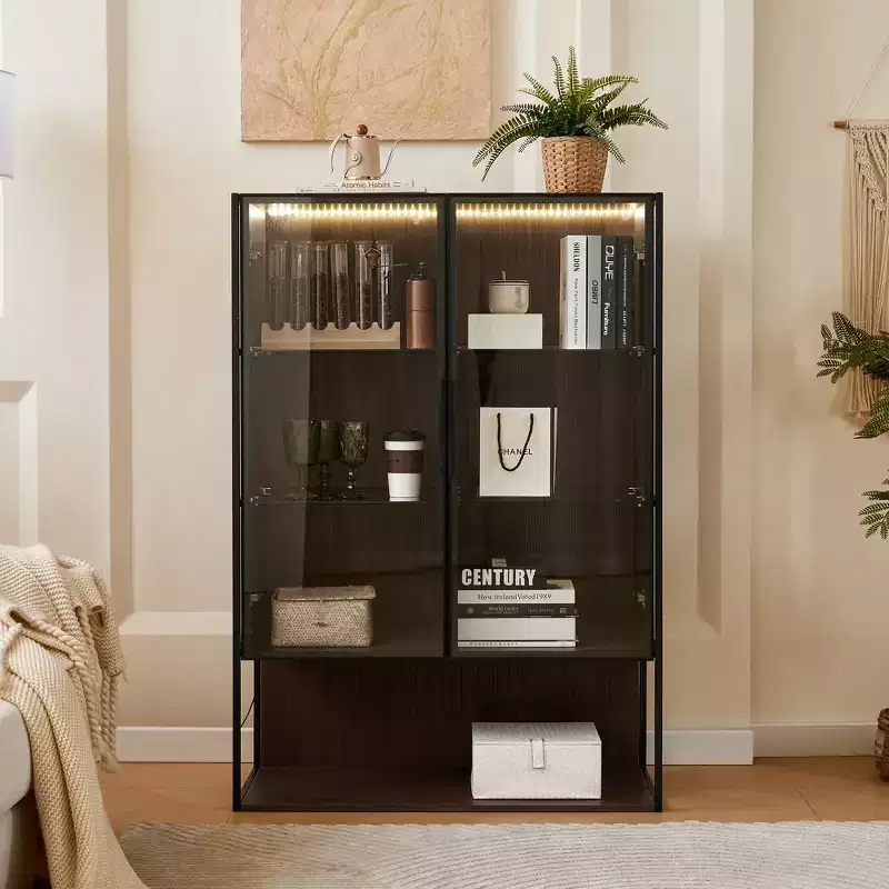 CLIHOME 51.2 Tall Lighted Display Cabinet with Tempered Glass Door, Metal Frame LED Curio Cabinet