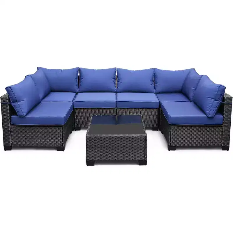7-Piece Patio Set with Dining Table, Modular Sectional Sofa, All-Weather Wicker